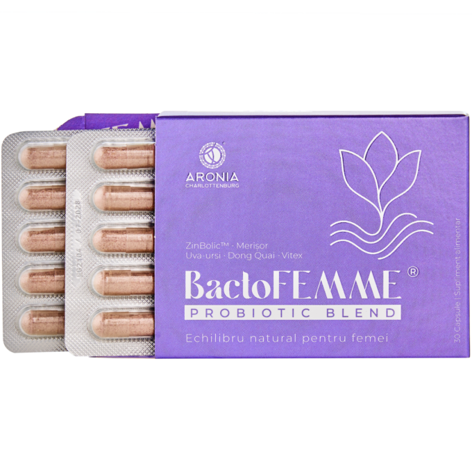 Acasa 4 BactoFEMME® — formulă premium pentru echilibrul feminin, cu probiotice, prebiotice, plante și nutrienți esențiali