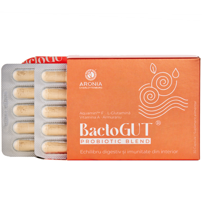 Acasa 8 BactoGUT® — formulă premium pentru digestie echilibrată și imunitate puternică, cu probiotice, prebiotice, plante și nutrienți esențiali