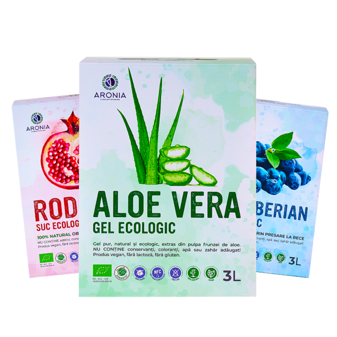 Pachet cu 3 Sucuri 100% Naturale de Rodie, Afin Siberian și Aloe Vera la 3L
