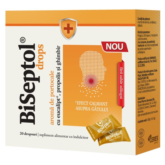 Biseptol drops cu aroma de portocale, cu eucalipt, propolis si gihmbir, fara zahar, 20 dropsuri - Dacia Plant
