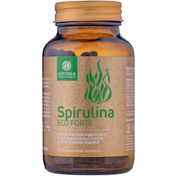 Spirulina ECO  Forte — 120 capsule din Spirulină, o algă cu beneficii pentru mușchi, energie, inimă și digestie