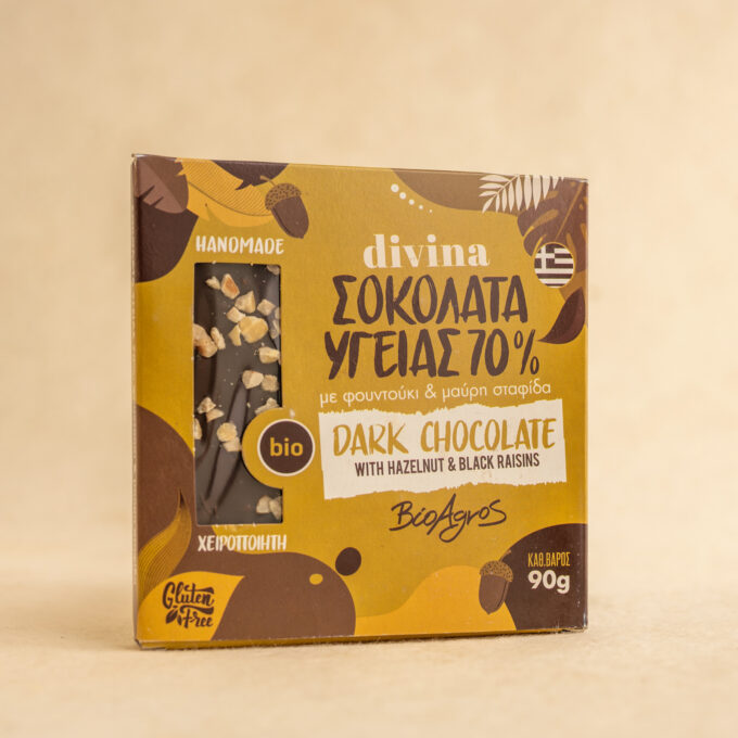 Ciocolata neagra cu stafide si alune 70% cacao, 90g ECO